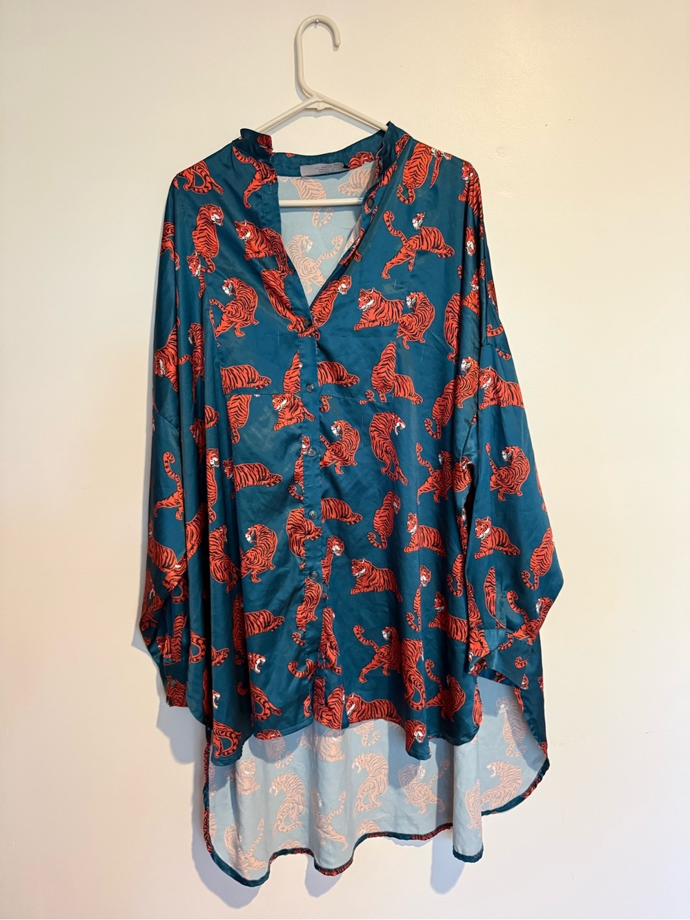 Dressed in LALA Teal Button-Down Blouse with Orange Tiger Print